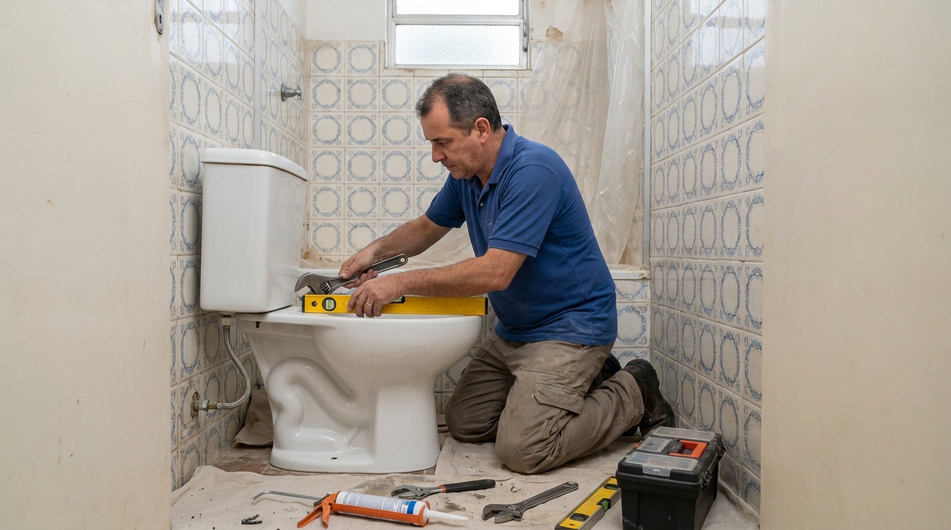 Técnico instalando vaso sanitário em Montes Claros‑MG